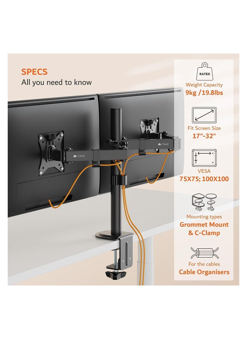 Generic - Double Monitor Desk Mount | Adjustable Heavy Duty Monitor Arms | VESA Mount with C Clamp & Grommet Mounting Base | Computer Monitor Stand for Screen up to 32 inch - Image 1