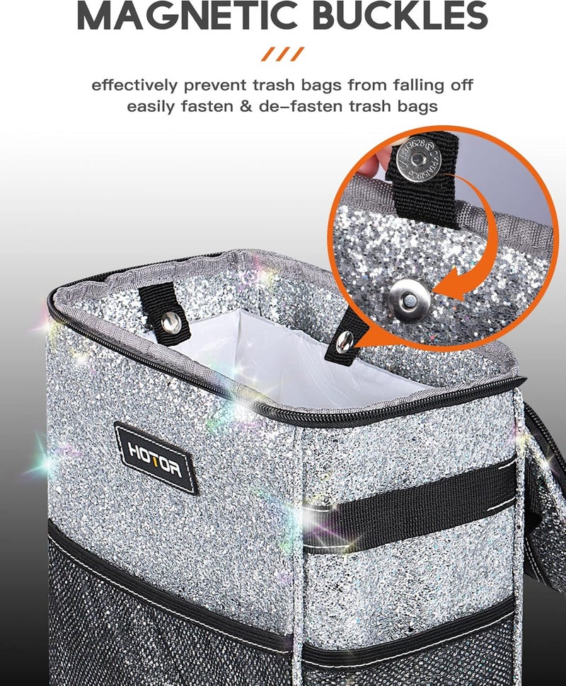 Car Trash Can with Lid and Storage Pockets - 100% Leak-Proof Organizer, Waterproof Garbage Can, Multipurpose Trash Bin for Car, 2 Gallons, Sparkle White - Image 3