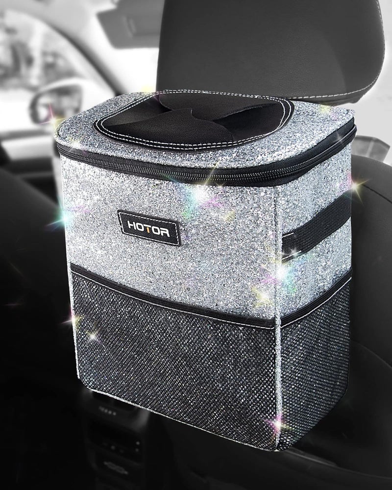 Car Trash Can with Lid and Storage Pockets - 100% Leak-Proof Organizer, Waterproof Garbage Can, Multipurpose Trash Bin for Car, 2 Gallons, Sparkle White - Image 1