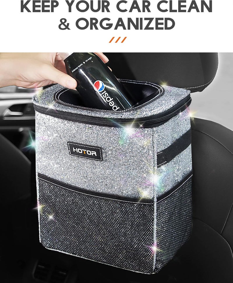 Car Trash Can with Lid and Storage Pockets - 100% Leak-Proof Organizer, Waterproof Garbage Can, Multipurpose Trash Bin for Car, 2 Gallons, Sparkle White - Image 2