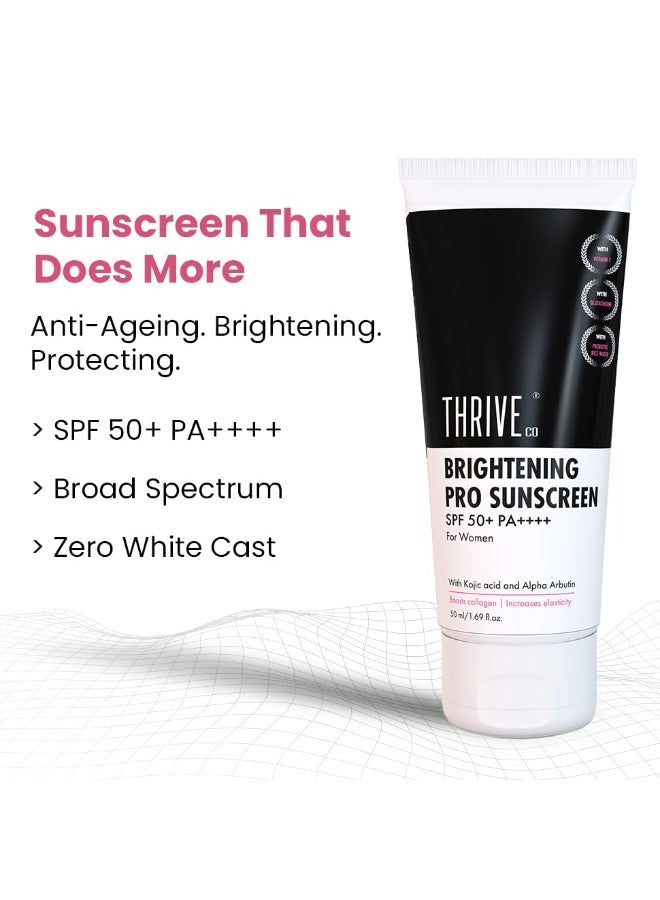 ThriveCo Brightening Pro Sunscreen for Women | SPF 50+ Pa++++ | Zero White Cast | Kojic acid, Vitamin C & Diacnemide™ | Non-sticky & Anti-Ageing | Boosts Collagen, Fades Dark Spots & Wrinkles | 50ml - Image 2