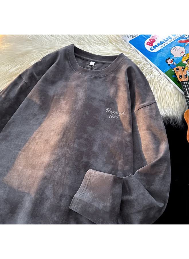 Vuug American Style Tie-dye Long Sleeve T-shirt Men Pure Cotton Vintage Washed Distressed Dirty Look Autumn T-shirt M Dark Gray - Image 1
