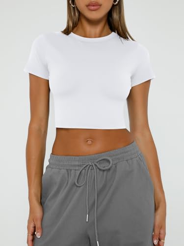 WYNNQUE Womens Crop Tops Cute Summer Scoop Neck Basic Tees Slim Fit Trendy Short Sleeve T Shirts for Teen Girls 2024 White S - Image 2