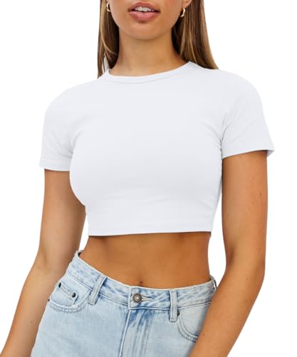 WYNNQUE Womens Crop Tops Cute Summer Scoop Neck Basic Tees Slim Fit Trendy Short Sleeve T Shirts for Teen Girls 2024 White S - Image 1