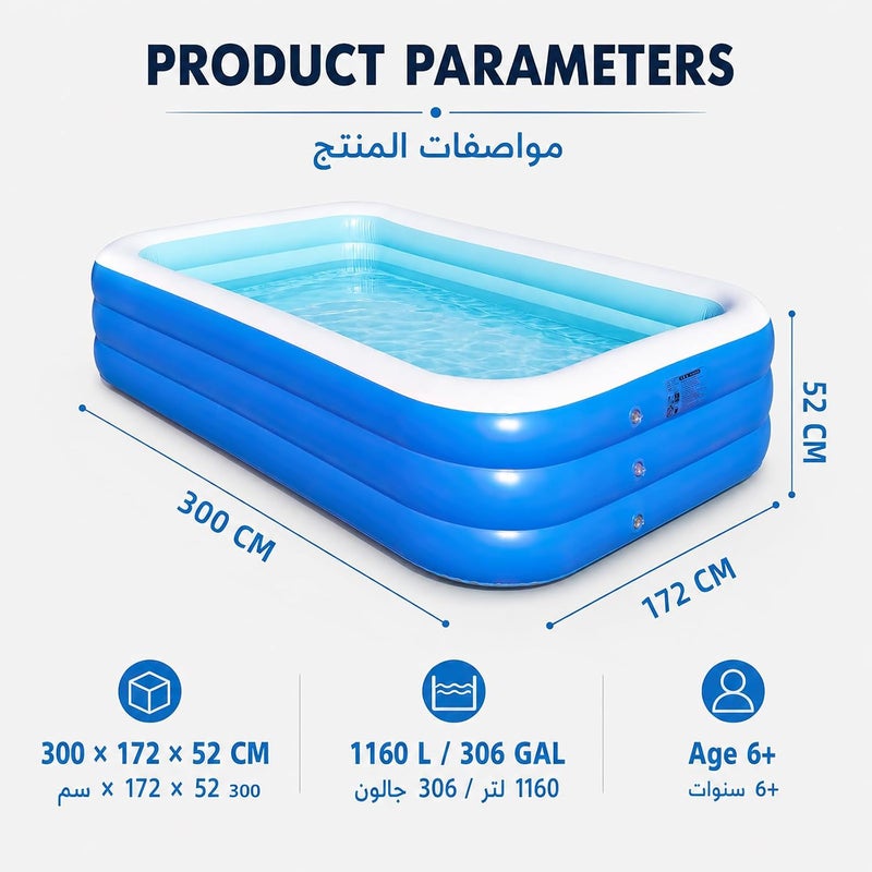 Favarey Extra Large Inflatable Pool, 300x172x52cm Thickened Blow Up Pool for Adults, Backyard Tanning Pool & Family Swimming Pool, Outdoor Summer Water Party - Image 5