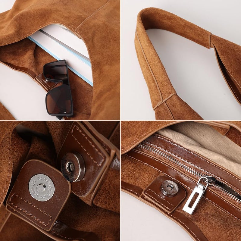 VAKAER Genuine Suede bag for Women: Suede Leather Shoulder Bag - Fashion Large Hobo Purse Tote Handbag for Travel (Brown) - Image 4