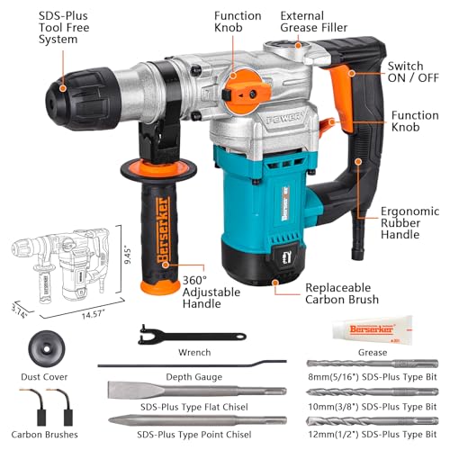 Berserker 1-1/8" SDS-Plus Rotary Hammer Drill with Safety Clutch,9 Amp 3 Functions Corded Rotomartillo for Concrete - Including 3 Drill Bits,Flat Chisel, Point Chisel,Carrying Case - Image 2