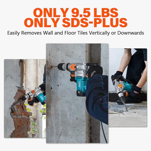 Berserker 1-1/8" SDS-Plus Rotary Hammer Drill with Safety Clutch,9 Amp 3 Functions Corded Rotomartillo for Concrete - Including 3 Drill Bits,Flat Chisel, Point Chisel,Carrying Case - Image 5