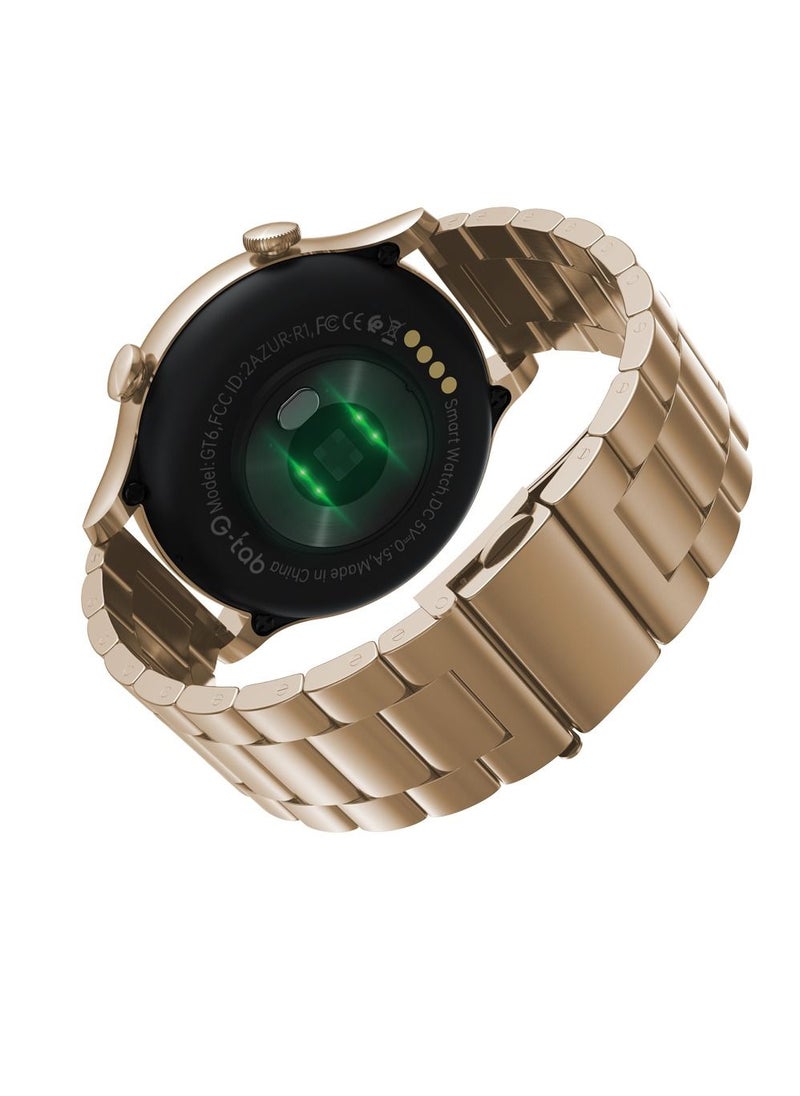 G-Tab - G-tab GT6 Deluxe Gold/Remote Camera/1.32 Inches IPS/Full Touch/300mAh Battery/Water Proof/Smart calling/Body Temperature Monitoring/Step Count/Calorie Monitoring (GOLD METAL STRAP AND 2 EXTRA STRAPS) - Image 1