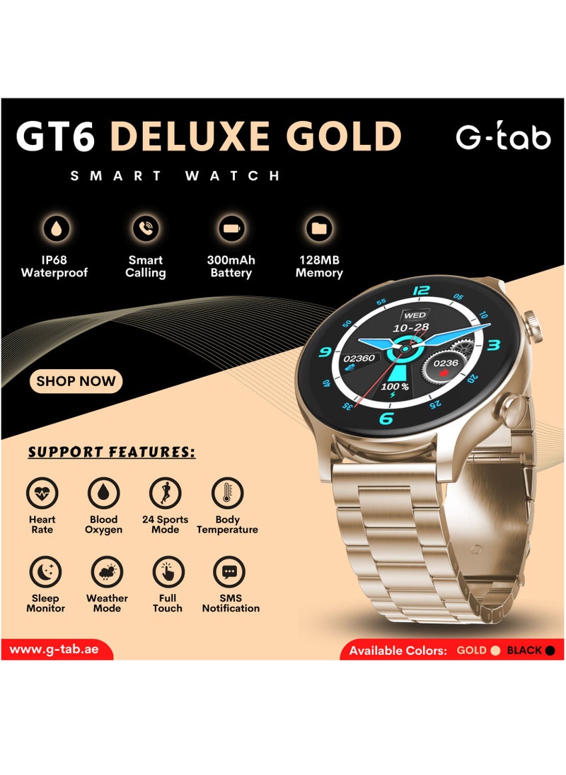 G-Tab - G-tab GT6 Deluxe Gold/Remote Camera/1.32 Inches IPS/Full Touch/300mAh Battery/Water Proof/Smart calling/Body Temperature Monitoring/Step Count/Calorie Monitoring (GOLD METAL STRAP AND 2 EXTRA STRAPS) - Image 1