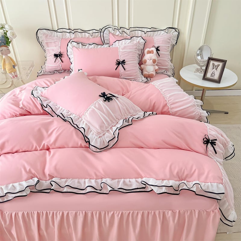 IHOUSTRIY Pink Duvet Cover Full Size, Ruffle Beddding Set with Bowtie, 3 Pieces Comforter Cover Set with Zipper Closure, Girl Bedding with Pillowcase - Light Pink, Full, Comforter Not Included - Image 2