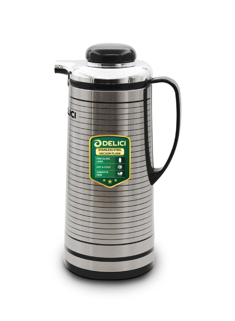 DELICI قارورة مفرغة من الهواء مبطنة بالزجاج (DGFK 1900)، سعة 1.9 لتر، عزل مفرغ من الهواء يبقي المشروبات ساخنة أو باردة لساعات، جسم من الفولاذ المقاوم للصدأ، جسم خفيف وغير قابل للكسر. - Image 1