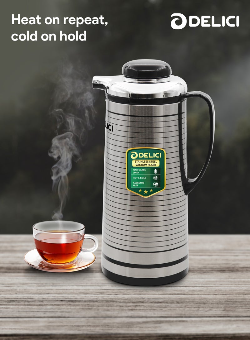 DELICI قارورة مفرغة من الهواء مبطنة بالزجاج (DGFK 1900)، سعة 1.9 لتر، عزل مفرغ من الهواء يبقي المشروبات ساخنة أو باردة لساعات، جسم من الفولاذ المقاوم للصدأ، جسم خفيف وغير قابل للكسر. - Image 3