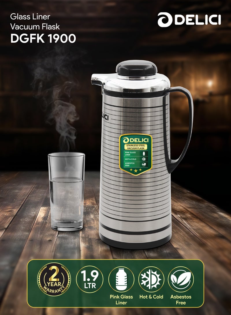 DELICI قارورة مفرغة من الهواء مبطنة بالزجاج (DGFK 1900)، سعة 1.9 لتر، عزل مفرغ من الهواء يبقي المشروبات ساخنة أو باردة لساعات، جسم من الفولاذ المقاوم للصدأ، جسم خفيف وغير قابل للكسر. - Image 2