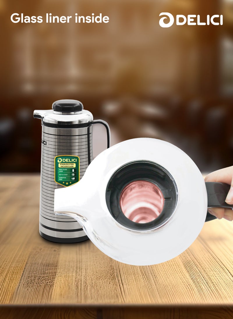 DELICI قارورة مفرغة من الهواء مبطنة بالزجاج (DGFK 1900)، سعة 1.9 لتر، عزل مفرغ من الهواء يبقي المشروبات ساخنة أو باردة لساعات، جسم من الفولاذ المقاوم للصدأ، جسم خفيف وغير قابل للكسر. - Image 5