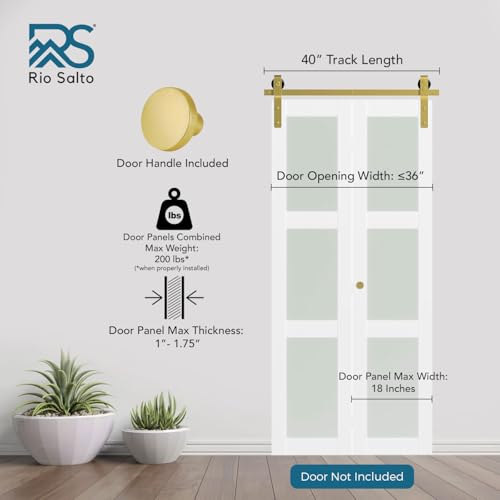 Rio Salto Gold Bifold Sliding Barn Door Hardware Kit Heavy Duty Metal Track System with Matching Knobs Gold BiFold Barn Door Bifold Closet Doors BiFolding 40 Track for 2 Doors 2 Rollers No Door - Image 3