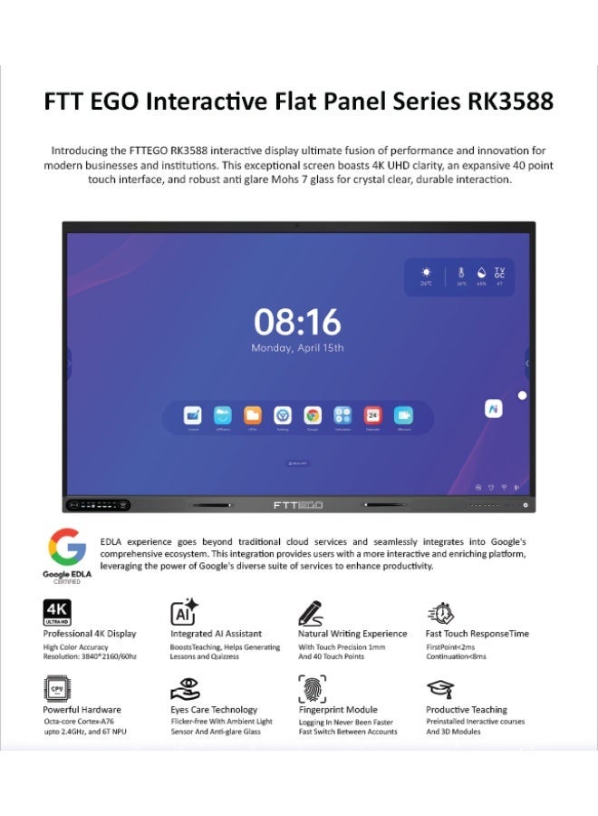 FTTEGO RK3588-86 86" 4K UHD AI Interactive Flat Panel with 48MP Camera, Android 15, 16GB RAM & OPS PC Module - Image 4