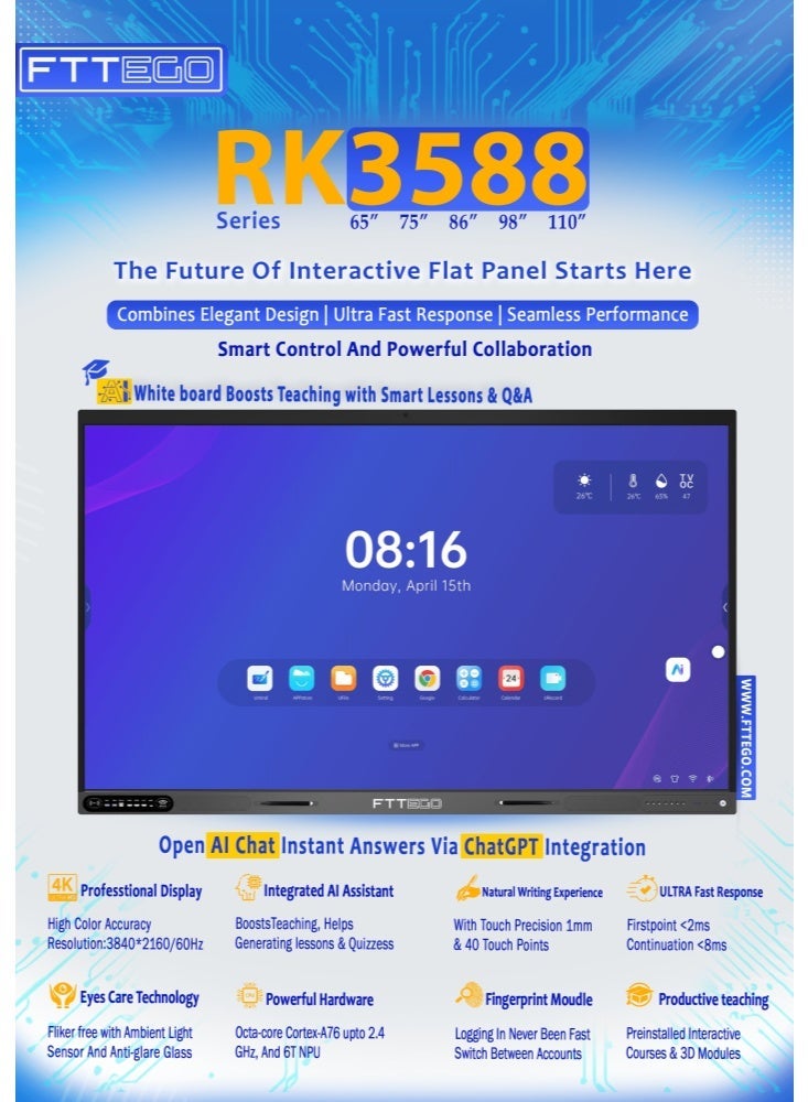 FTTEGO RK3588-86 86" 4K UHD AI Interactive Flat Panel with 48MP Camera, Android 15, 16GB RAM & OPS PC Module - Image 3