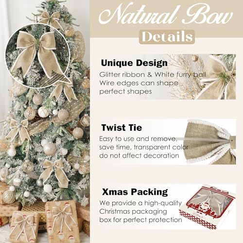 LiBongTa 6" Natural Burlap Ribbon Bow Wired Edge with White Furry Ball Twist Tie Bows for Treat Bags, Christmas tree, Wreath, Basket, Premade Bows for Gift Wrapping, Party, Baby Shower, Wedding-12 PCs - Image 3