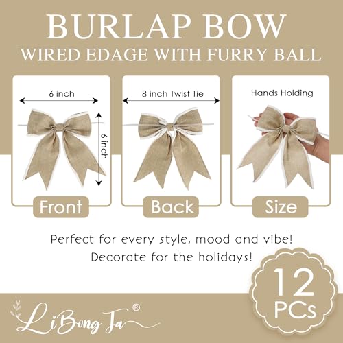 LiBongTa 6" Natural Burlap Ribbon Bow Wired Edge with White Furry Ball Twist Tie Bows for Treat Bags, Christmas tree, Wreath, Basket, Premade Bows for Gift Wrapping, Party, Baby Shower, Wedding-12 PCs - Image 2