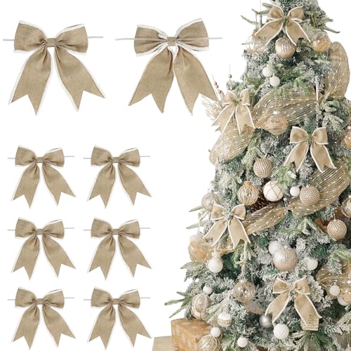 LiBongTa 6" Natural Burlap Ribbon Bow Wired Edge with White Furry Ball Twist Tie Bows for Treat Bags, Christmas tree, Wreath, Basket, Premade Bows for Gift Wrapping, Party, Baby Shower, Wedding-12 PCs - Image 1