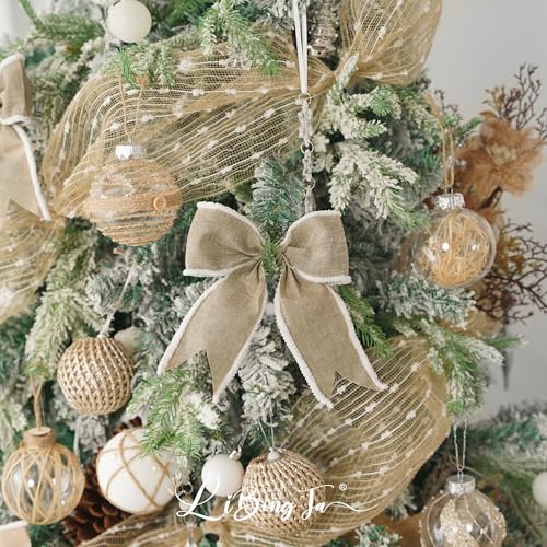 LiBongTa 6" Natural Burlap Ribbon Bow Wired Edge with White Furry Ball Twist Tie Bows for Treat Bags, Christmas tree, Wreath, Basket, Premade Bows for Gift Wrapping, Party, Baby Shower, Wedding-12 PCs - Image 5