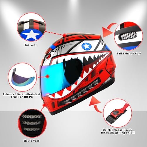 WOW Motorcycle Full Face Helmet Street Bike BMX MX Youth Kids Shark Red - Image 4