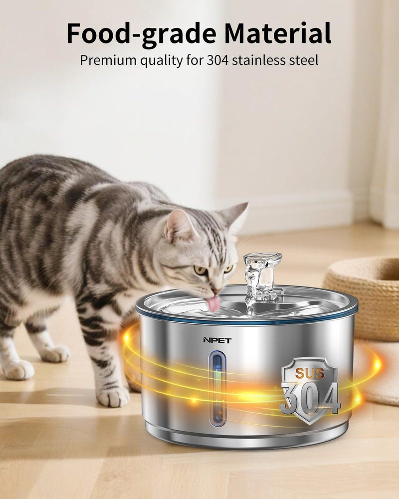 NPET Stainless Steel Cat Water Fountain, 1 Gallon/135oz Automatic Pet Drinking Fountain Dog Water Dispenser Bowl with Water Level Window for Cats Indoor - WF210Plus - Image 3