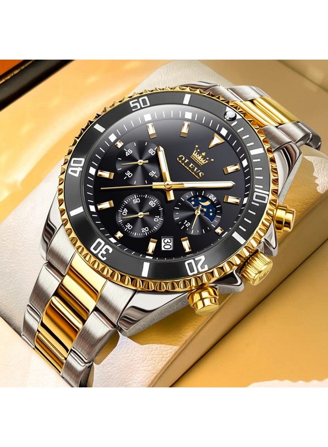 OLEVS Mens Watches Chronograph Quartz Black Moon Phase Luxury Dress Two Tone Stainless Steel Waterproof Luminous Business Date Calendar Wrist Watch - Image 5