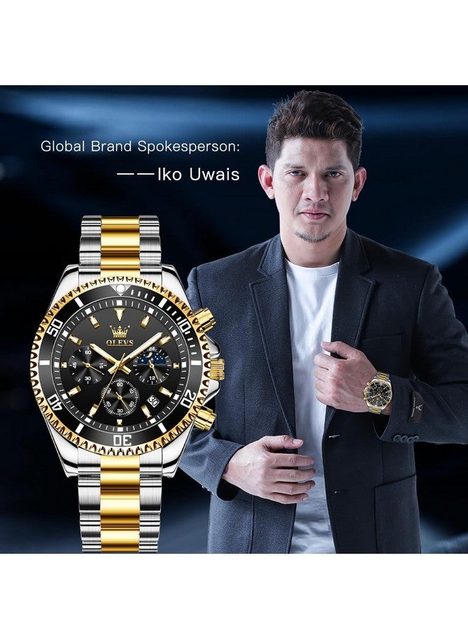 OLEVS Mens Watches Chronograph Quartz Black Moon Phase Luxury Dress Two Tone Stainless Steel Waterproof Luminous Business Date Calendar Wrist Watch - Image 2