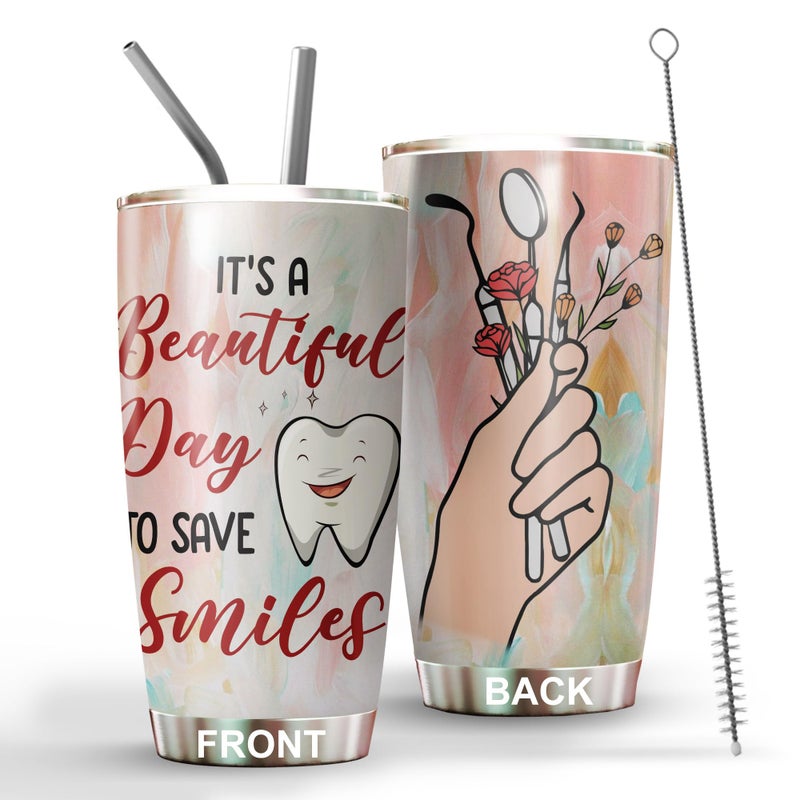 MEDROC Dental Assistant Tumbler Stainless Steel 20oz Straw Lid Funny Dental Hygienist Gifts Dental Appreciation Gifts For Women Men Dentist Coffee Cups TBDA12