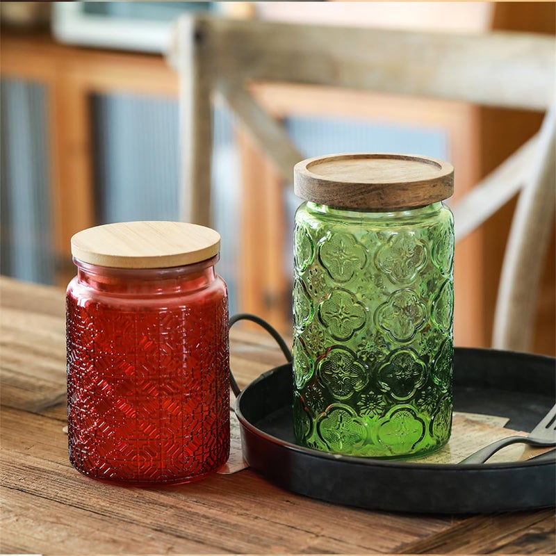 ANSQU Set of 2 Vintage Glass Storage Containers, Green Glass Jars with Wooden Lids, 34 FL OZ Decorative Jars for Kitchen Storage Cabinets for Coffee, Jam, Candy, Cookie (Green Begonia) - Image 3