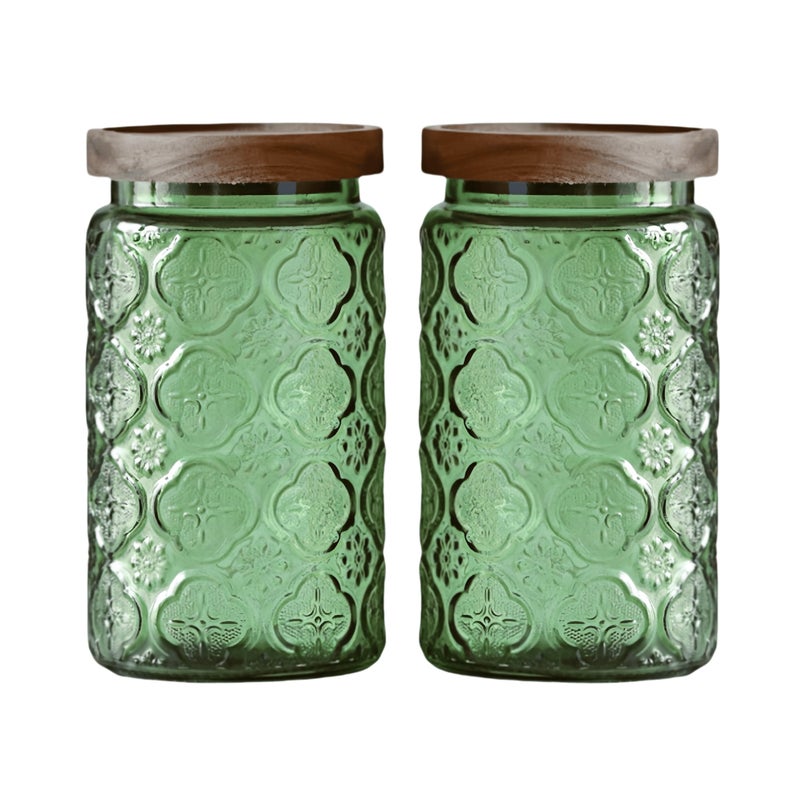ANSQU Set of 2 Vintage Glass Storage Containers, Green Glass Jars with Wooden Lids, 34 FL OZ Decorative Jars for Kitchen Storage Cabinets for Coffee, Jam, Candy, Cookie (Green Begonia) - Image 1