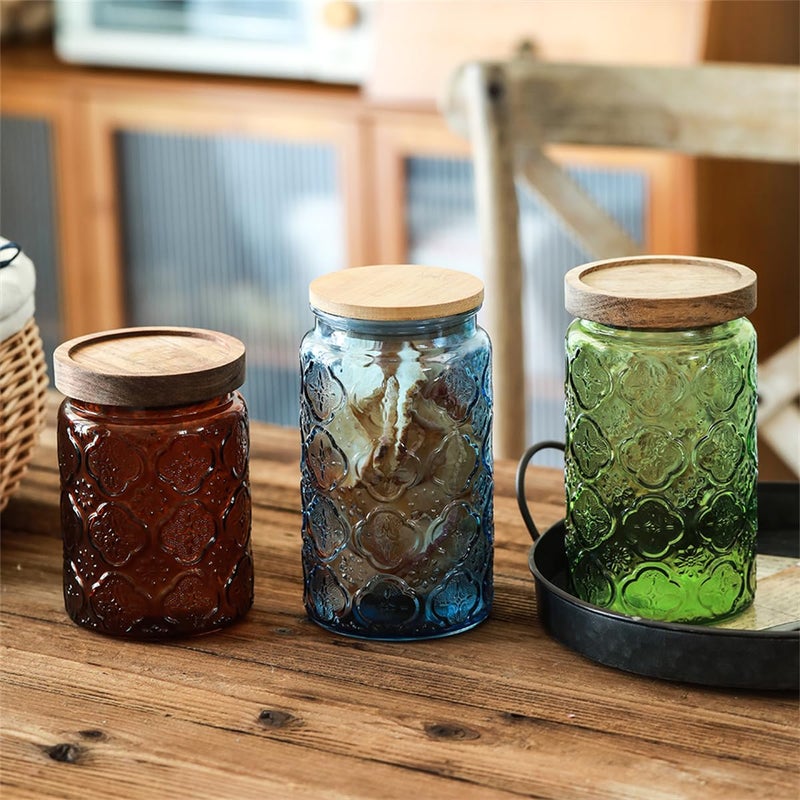 ANSQU Set of 2 Vintage Glass Storage Containers, Green Glass Jars with Wooden Lids, 34 FL OZ Decorative Jars for Kitchen Storage Cabinets for Coffee, Jam, Candy, Cookie (Green Begonia) - Image 5