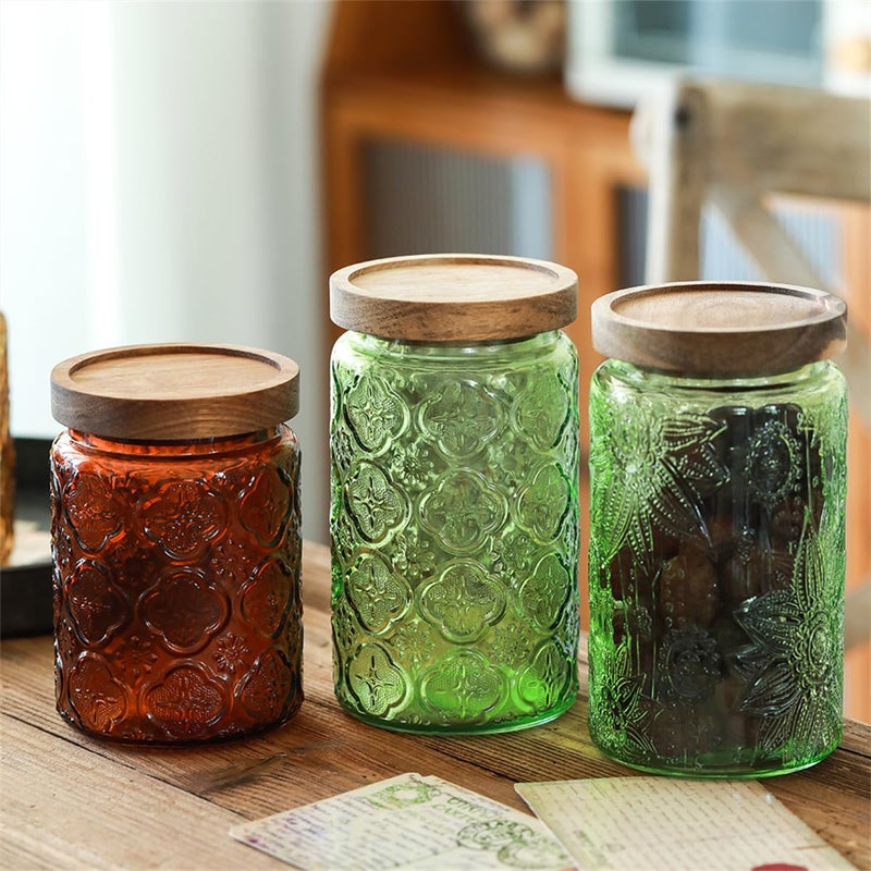 ANSQU Set of 2 Vintage Glass Storage Containers, Green Glass Jars with Wooden Lids, 34 FL OZ Decorative Jars for Kitchen Storage Cabinets for Coffee, Jam, Candy, Cookie (Green Begonia) - Image 4