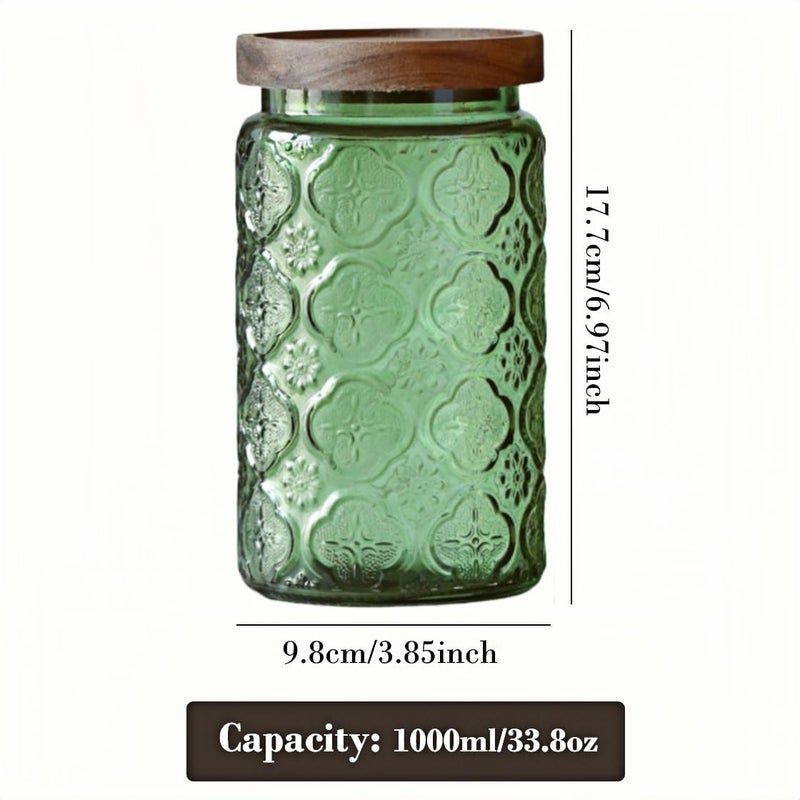ANSQU Set of 2 Vintage Glass Storage Containers, Green Glass Jars with Wooden Lids, 34 FL OZ Decorative Jars for Kitchen Storage Cabinets for Coffee, Jam, Candy, Cookie (Green Begonia) - Image 2