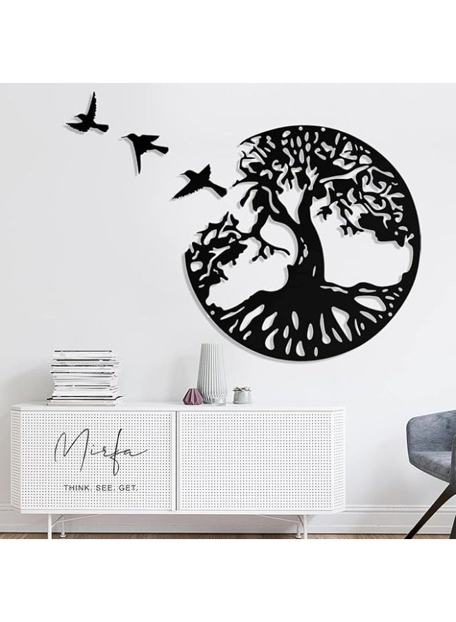MIRFA Wooden Wall Art With Self Adhesive Base - Black (Tree With Roots in Round Frame With 3 Flying Birds) - Image 1