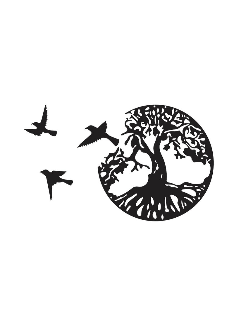 MIRFA Wooden Wall Art With Self Adhesive Base - Black (Tree With Roots in Round Frame With 3 Flying Birds) - Image 2