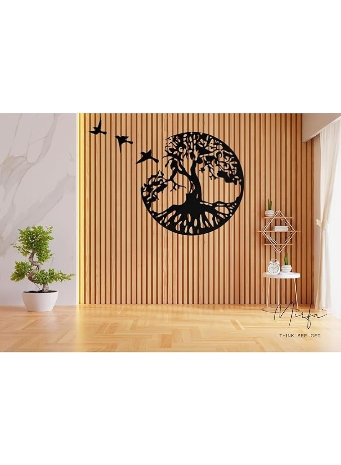 MIRFA Wooden Wall Art With Self Adhesive Base - Black (Tree With Roots in Round Frame With 3 Flying Birds) - Image 4