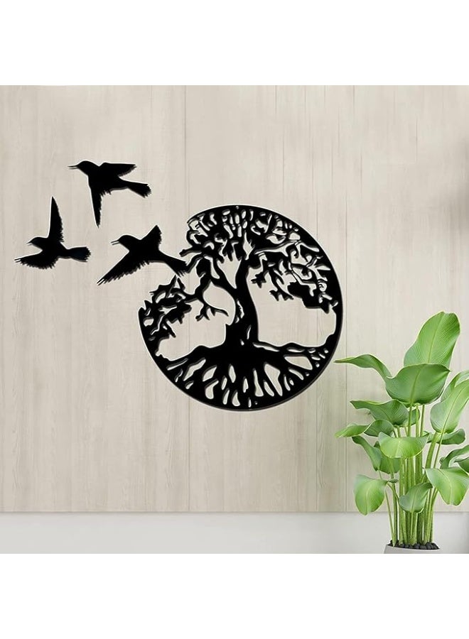 MIRFA Wooden Wall Art With Self Adhesive Base - Black (Tree With Roots in Round Frame With 3 Flying Birds) - Image 3