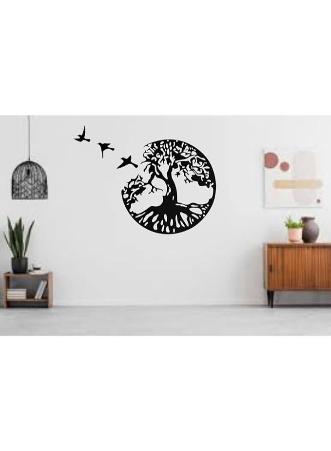 MIRFA Wooden Wall Art With Self Adhesive Base - Black (Tree With Roots in Round Frame With 3 Flying Birds) - Image 5