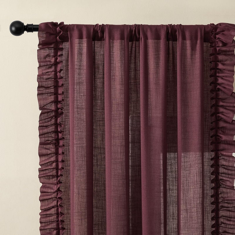 TERLYTEX Burgundy Ruffle Curtains 63 Inch Length, 2 Panels, W47 x L63 Inch, Linen Textured Scalloped Farmhouse Curtains for Bedroom, Rod Pocket Privacy Light Filtering Semi-Sheer Linen Christmas Flowy Curtain - Image 2