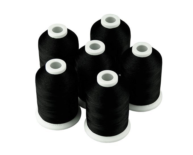 6 BLACK 1000M1100Y POLYESTER MACHINE EMBROIDERY THREADS FOR BROTHER BABYLOCK JANOME SINGER PFAFF HUSQVARNA BERNINA EMBROIDERY AND SEWING MACHINES