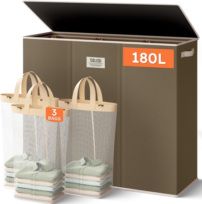SOLEDI 180L 3-Section Laundry Hamper with Lid, Extra Large Dirty Clothes Basket with Sturdy Handles for Laundry Room & Bedroom - Durable Organizer for Sorting Laundry - Image 1