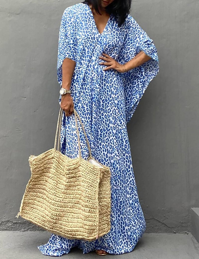 Bsubseach Beach Kaftan Dresses Cheetah Long Rayon Caftan Swim Cover Up Muumuu Animal Dress Oversized Coverups Swimwear Blue Leopard - Image 4