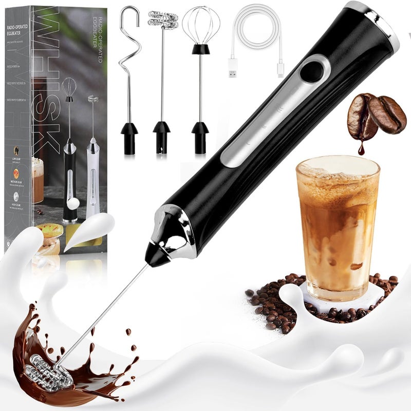 ANYOUI Upgraded Rechargeable Electric Foam Maker, Milk Frother Handheld, Drink Mixer with 3 Stainless whisks 3 Speed Adjustable foam maker Blender for Latte, Hot Chocolate, Egg (Black) - Image 1