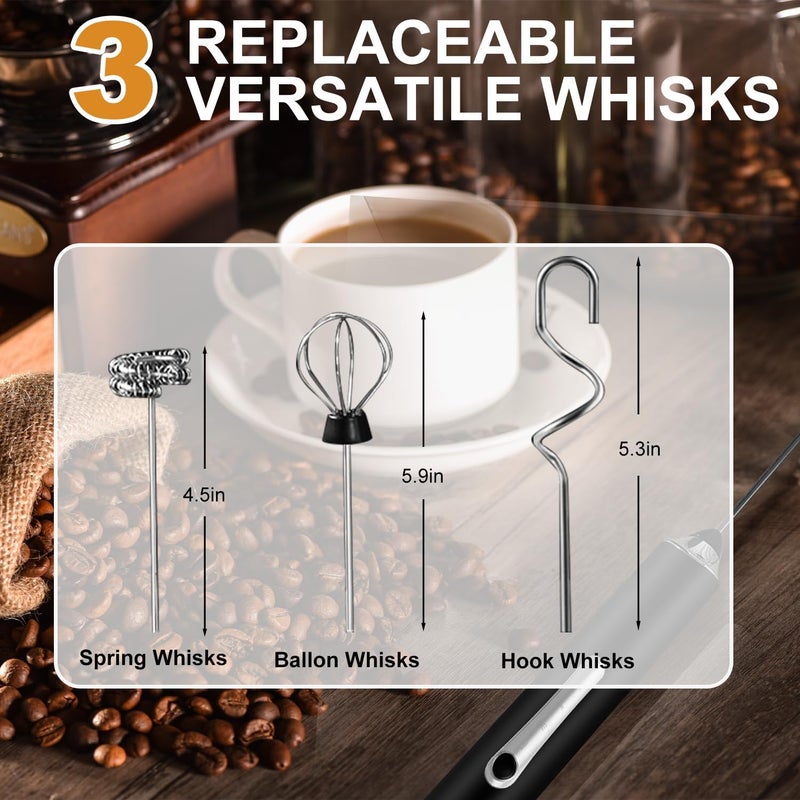 ANYOUI Upgraded Rechargeable Electric Foam Maker, Milk Frother Handheld, Drink Mixer with 3 Stainless whisks 3 Speed Adjustable foam maker Blender for Latte, Hot Chocolate, Egg (Black) - Image 3