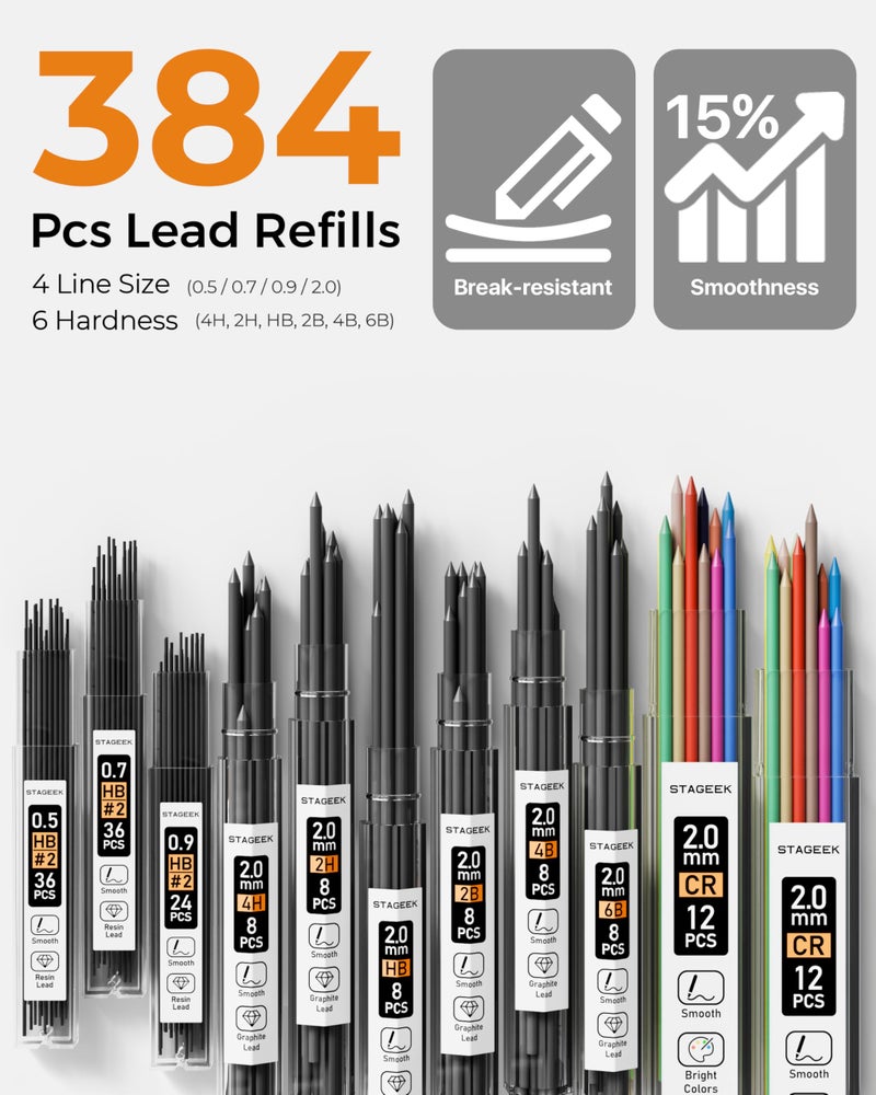 STAGEEK Mechanical Pencil Set with Case 34 Count, Drawing Pencils 0.5, 0.7, 0.9MM & 3PCS 2MM Sketching Pencils with 384PCS Lead Refills (6B 4B 2B HB 2H 4H Color) for Artist Drafting Drawing Writing - Image 3