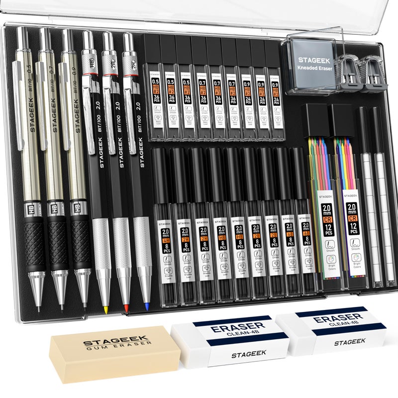 STAGEEK Mechanical Pencil Set with Case 34 Count, Drawing Pencils 0.5, 0.7, 0.9MM & 3PCS 2MM Sketching Pencils with 384PCS Lead Refills (6B 4B 2B HB 2H 4H Color) for Artist Drafting Drawing Writing - Image 1