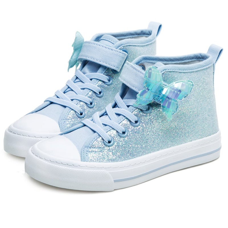 Toandon Kids Girls Sneakers Glitter Sparkle Shoes Toddler Child Slip On High Top Toddler Adjustable Hook Loop Straps Velcro Non-Slip Lightweight Sequins Blue Butterfly Size 11 - Image 1